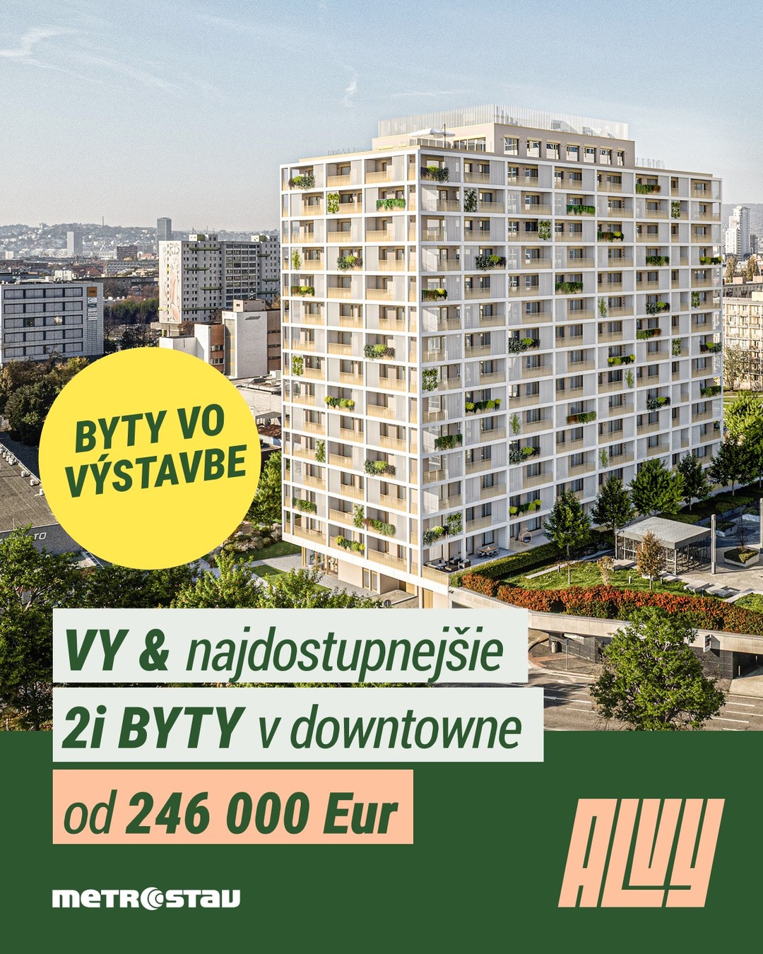 Snívate o bývaní v pulzujúcom srdci mesta, no hľadáte rozumnú investíciu? Predstavujeme vám najdostupnejšie 2-izbové byty v bratislavskom downtowne. 📍

Už od 246 000 EUR môžete vlastniť moderný domov v lokalite, ktorá nikdy nespí. 🌆 Naše byty sú aktuálne vo výstavbe, čo vám dáva ideálnu príležitosť sledovať, ako váš budúci domov rastie priamo pred očami. 🏗️🧱

Nenechajte si ujsť šancu na lukratívnu adresu za bezkonkurenčnú cenu. 📈 Či už hľadáte štýlové štartovacie bývanie alebo bezpečnú investíciu, ALVY v downtowne je tá správna voľba. ✅

Kompletnú ponuku a aktuálny stav prác nájdete na alvy.sk. 💻🏠
📧 predaj@alvy.sk
📞 +421 907 238 867