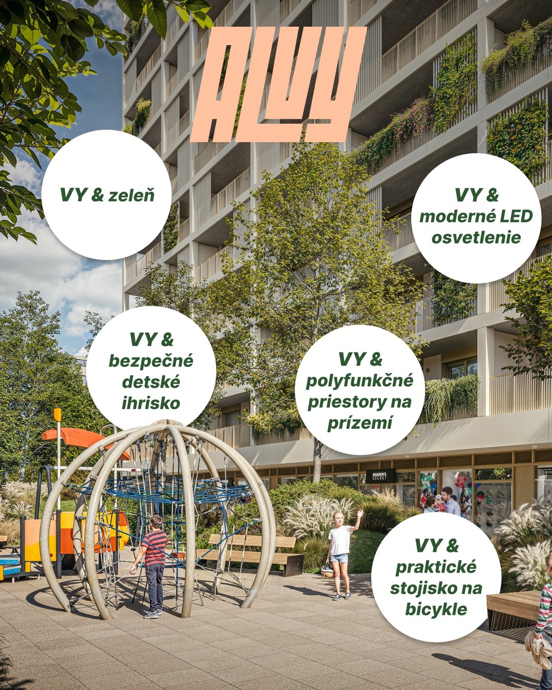 Lokalita nie je len o adrese na mape. Je o tých drobných, ale podstatných veciach, ktoré vám každý deň spríjemnia život a dodajú pocit bezpečia. ✨ V projekte Alvy sme preto neriešili len steny bytov, ale aj všetko to, čo vás obklopuje hneď po vyjdení z dverí:

🌳 Zeleň : Bývanie v meste nemusí byť len o betóne. Priamo pred domom sme pre vás vytvorili zelený ostrov, kde môžete kedykoľvek vypnúť a načerpať novú energiu.

👶 Bezpečné detské ihrisko: Miesto, kde sa vaše deti môžu dosýta vyblázniť, zatiaľ čo vy máte istotu, že sú v chránenom a modernom prostredí.

🚲 Praktické stojiská na bicykle: Pre fanúšikov dvoch kolies máme pripravené bezpečné a dostupné miesta. Už žiadne zložité manévrovanie s bicyklom do bytu.

💡 Moderné LED osvetlenie: Cesta domov bude vždy jasná a bezpečná. Úsporné osvetlenie nielen šetrí energiu, ale dodáva celému okoliu príjemnú večernú atmosféru.

🏬 Polyfunkcia na dosah: Priestory na prízemí prinesú služby priamo k vám. Čerstvá káva alebo rýchly nákup? Stačí zísť výťahom.

Viac o projekte na 🌐 alvy.sk
